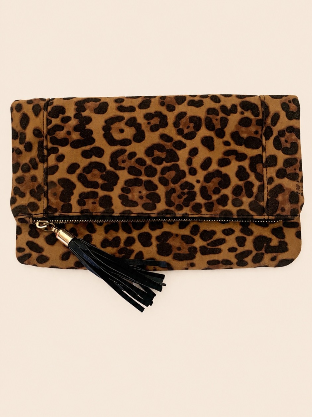 Sole Society Leopard Print Fold-Over Clutch with Tassel